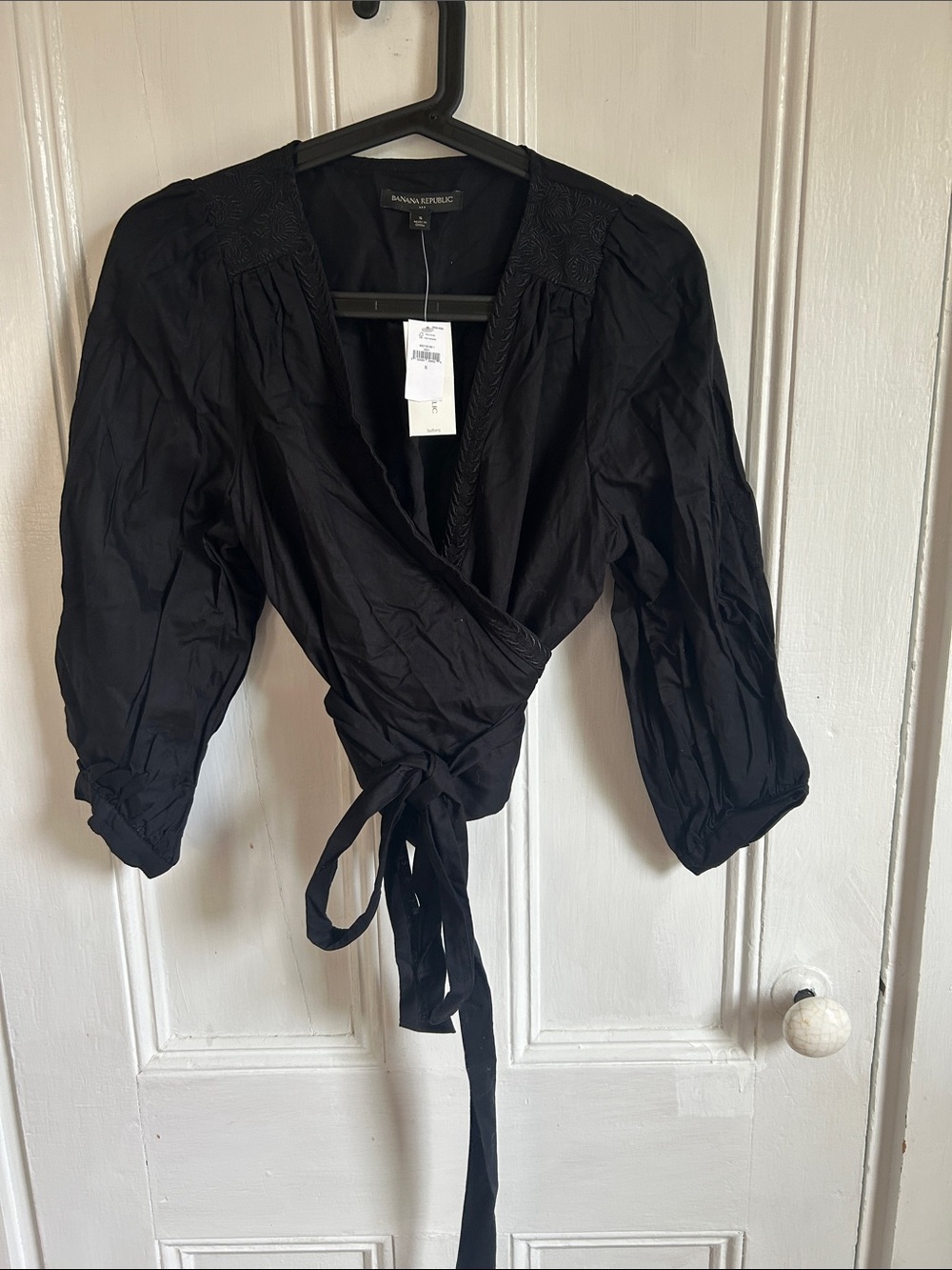 Banana Republic Black Wrap Tie Blouse with Puff Sleeves